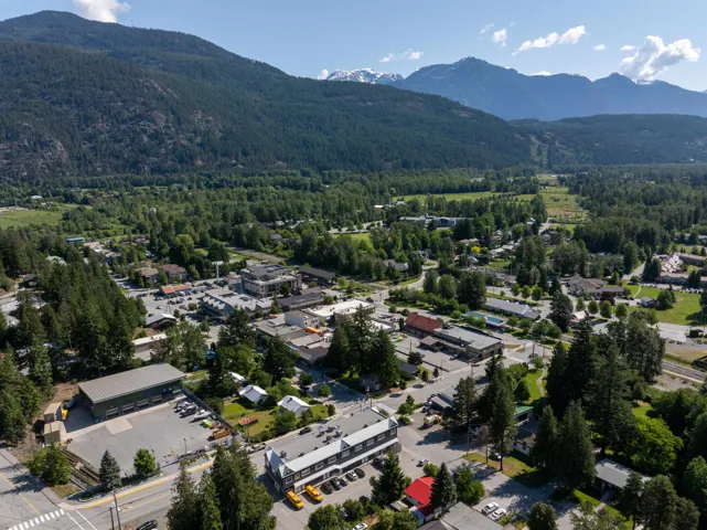 Bird's eye view of mountains and a forest
