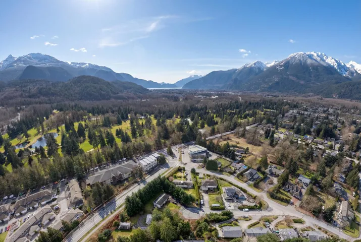 Aerial view of residential area with mountains