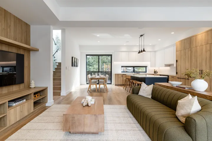 Living room featuring stairway, recessed lighting, and light wood-style floors