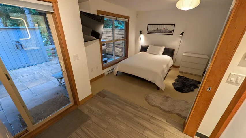 Bedroom featuring an exterior sliding glass door to a private patio, wood-finish flooring, light-toned carpeting, and a built-in wall-mounted television