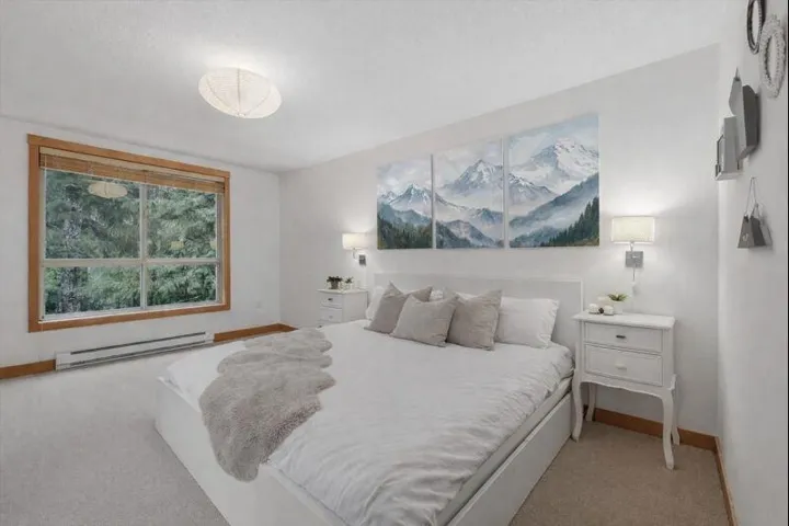 Bedroom featuring a baseboard radiator and light colored carpet