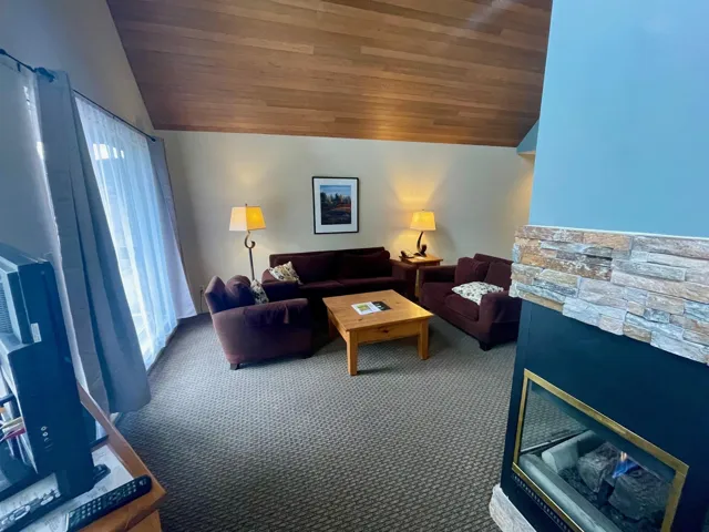 Living room featuring vaulted ceiling, healthy amount of natural light, carpet floors, and wooden ceiling