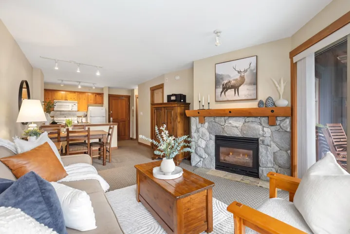 Living room featuring carpet floors and a stone fireplace