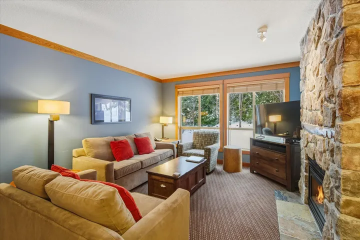 Living area with a stone fireplace, carpet flooring, a textured ceiling, and crown molding