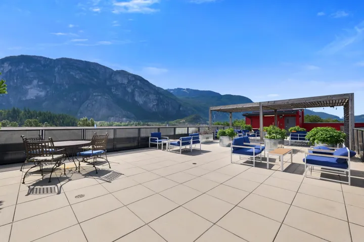 View of patio / terrace featuring a pergola, a mountain view, and outdoor lounge area