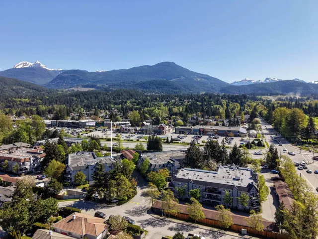 Aerial perspective showcasing a residential and commercial area with distant snow-capped mountains