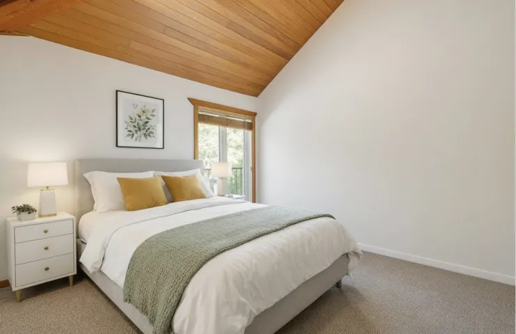 Carpeted bedroom featuring a vaulted wood ceiling - digitally staged