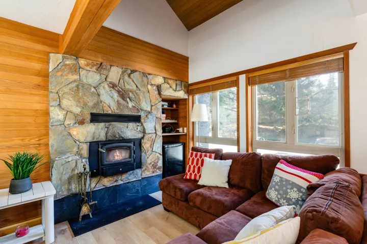 Living room featuring wood finished floors, high vaulted ceiling, and wood walls
