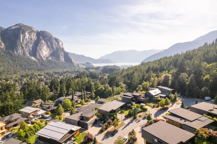 Aerial perspective of suburban area with a mountain backdrop