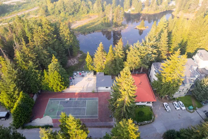 Aerial view of a nearby body of water and a heavily wooded area
