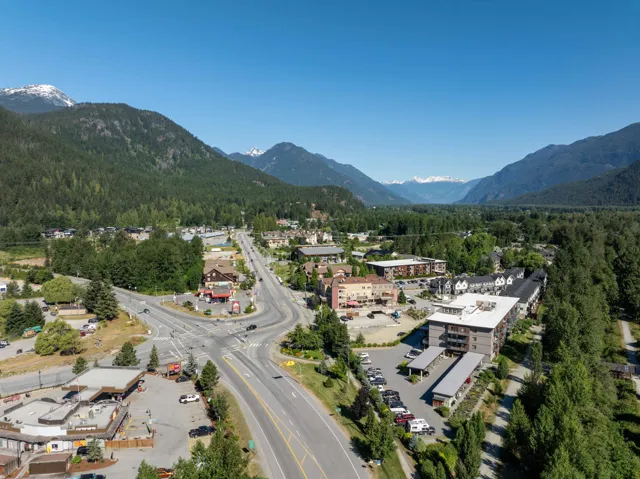 Aerial view of a mountain backdrop and a heavily wooded area