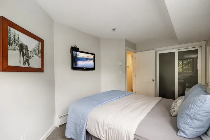 Carpeted bedroom featuring a baseboard heating unit and a closet
