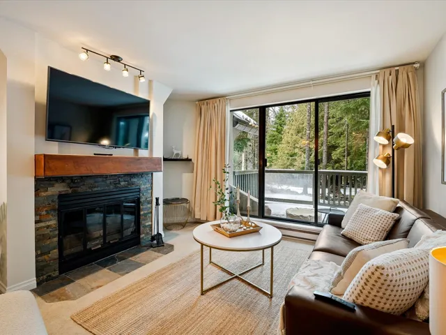 Living room with a fireplace, rail lighting, and carpet flooring