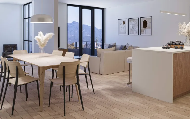 Dining space featuring floor to ceiling windows and light wood-style floors