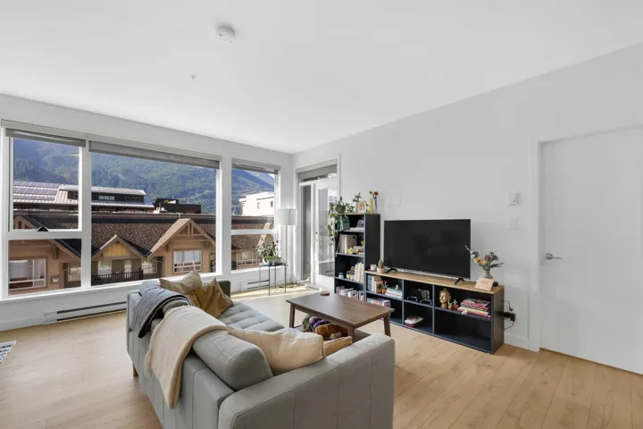 Living room with light wood-type flooring and a baseboard radiator