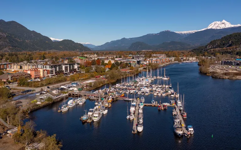 Water view featuring mountains and numerous boat docks