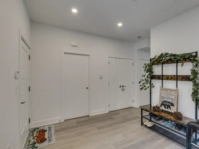 Foyer with baseboards, light wood finished floors, and recessed lighting
