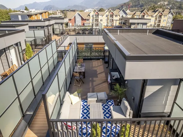 Balcony featuring a residential view and a mountain view