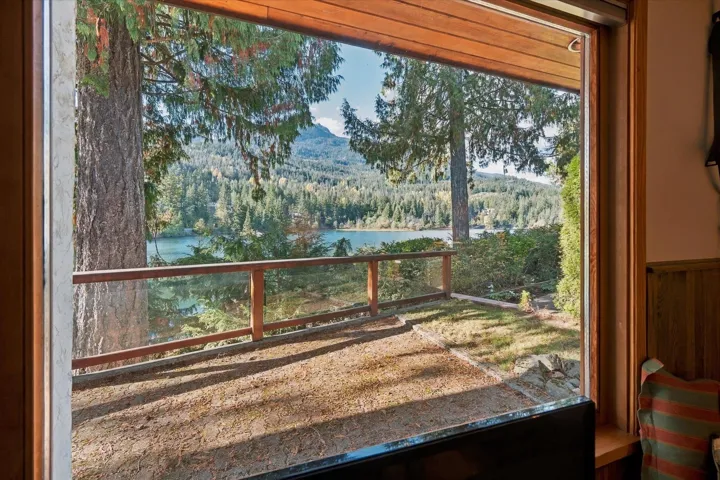 Expansive outdoor area with a wood-framed glass railing, mature trees, and a lake backdrop