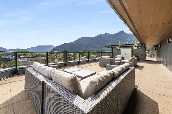 View of patio / terrace with an outdoor lounge area and a mountain view