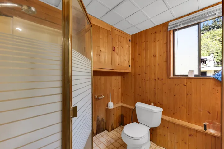 Wood-paneled bathroom featuring a shower stall with a gold-tone frame and frosted glass panels, a white toilet, built-in wood cabinetry, and a window providing natural light