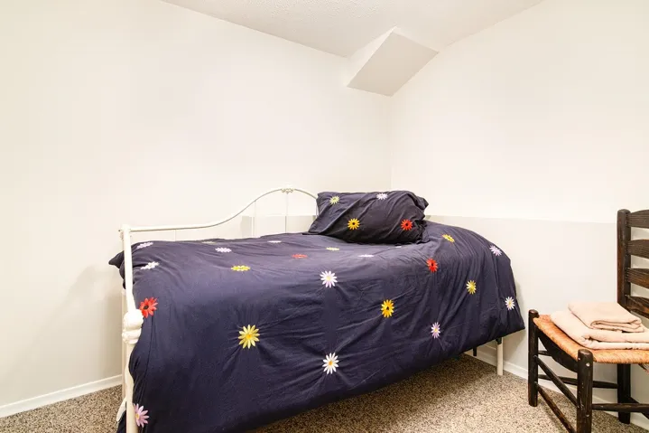 Bedroom with carpet floors and lofted ceiling