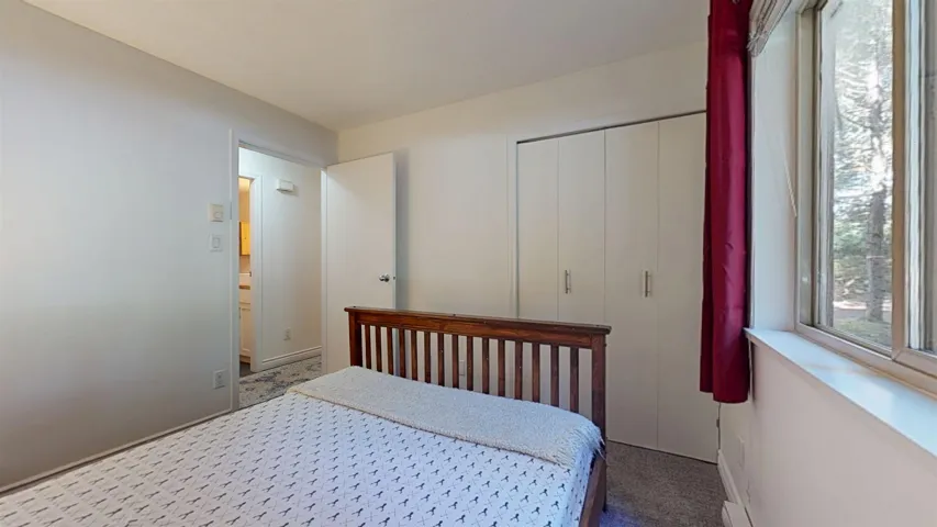 Carpeted bedroom with a closet