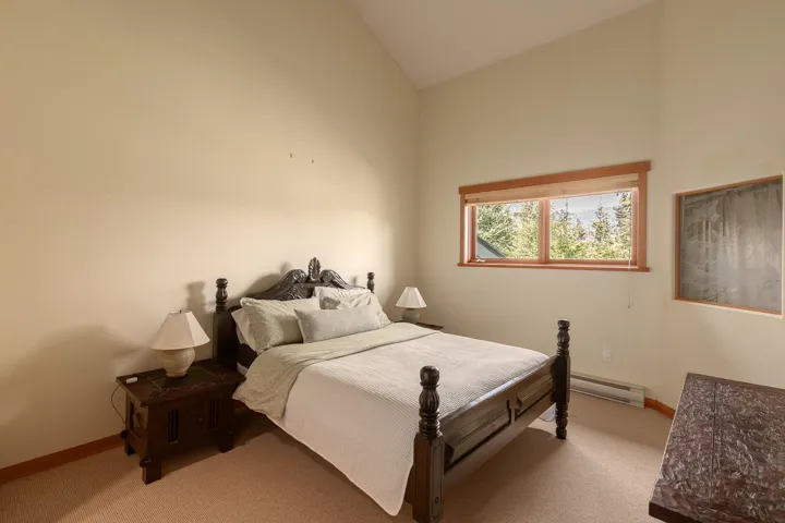 Vaulted ceiling bedroom featuring wood-trimmed windows, neutral carpeting, and a baseboard heater