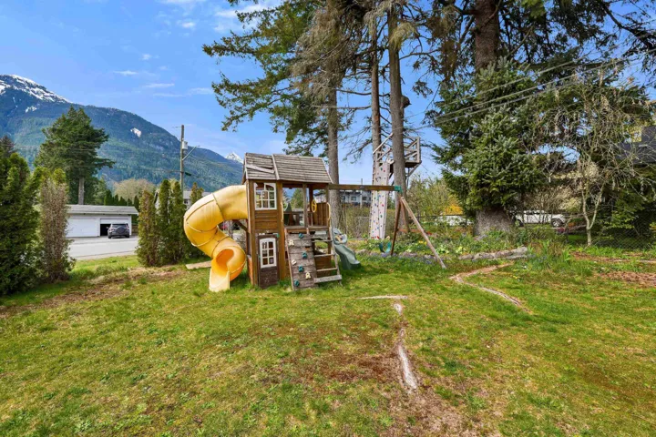 View of play area featuring a lawn and a mountain view