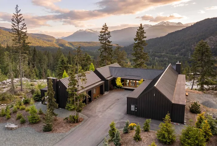 Modern architectural design featuring dark vertical siding and a dark metal roof