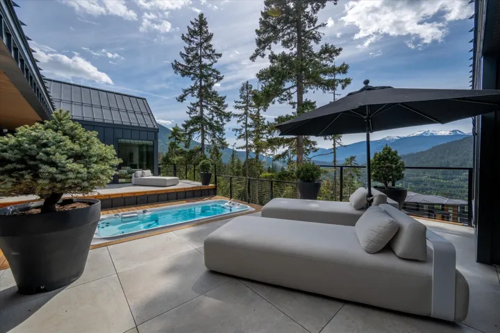 Outdoor living area featuring a swim spa, wood-finish decking, and concrete patio