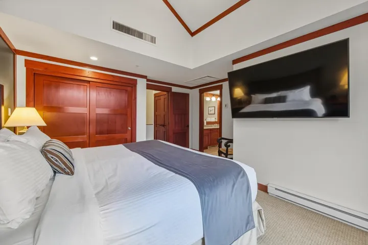 Bedroom with baseboard heating, connected bathroom, light colored carpet, recessed lighting, and a closet