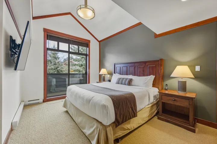 Bedroom with carpet flooring, access to outside, lofted ceiling, a baseboard heating unit, and baseboard heating