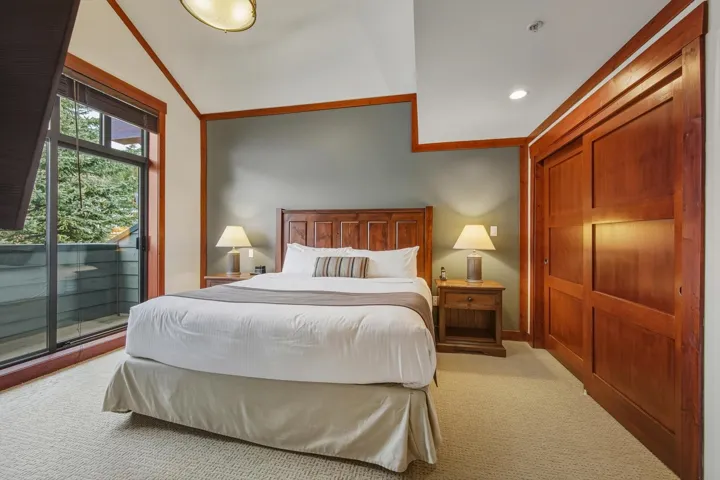 Bedroom featuring carpet, access to outside, recessed lighting, and ornamental molding
