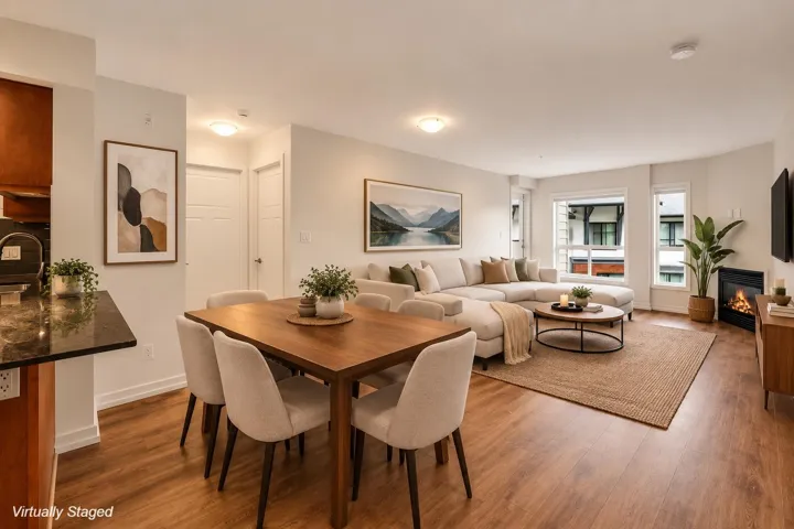 Open concept living space featuring wood-finish flooring, a built-in fireplace, and expansive windows