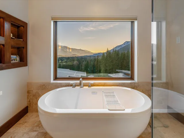 Bathroom featuring a freestanding bath, a mountain view, and healthy amount of natural light