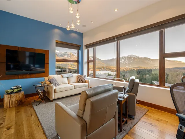 Living area featuring a mountain view and light wood finished floors