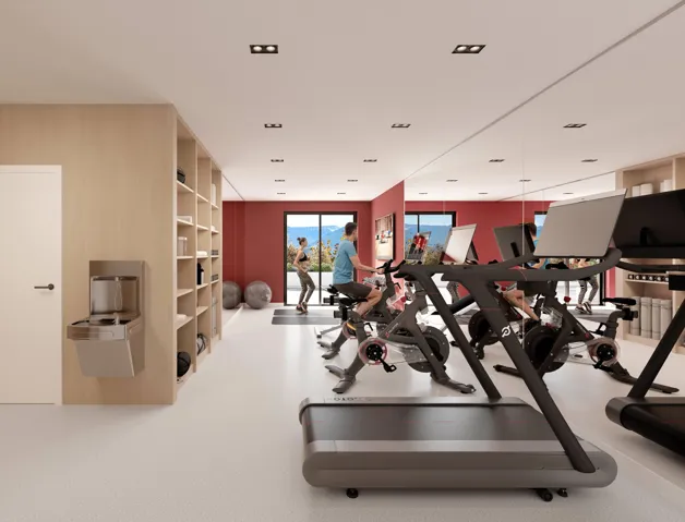 Dedicated fitness space featuring a full-wall mirror, integrated shelving, and recessed ceiling lighting