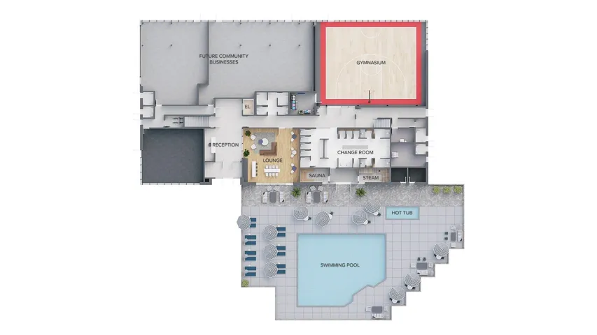 Level 2 amenities include a fully equipped fitness & weight rooms, indoor/outdoor yoga & stretching area, social lounge w, table games & seating, expansive outdoor decks to enjoy sunrise & sunset. Image Source: Bosa Presale Marketing Website. Comming Soon