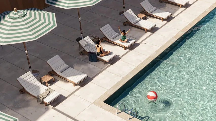 Outdoor lap pool, hot tub, steam and sauna room and relaxing outdoor post-swim areas.  Image Source: Bosa Presale Marketing Website. Community Amenity Centre coming soon.