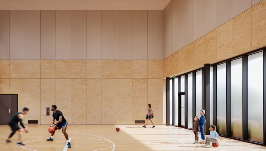 Fully equipped fitness and weight rooms and a half-court gymnasium with basketball courts.  Image Source: Bosa Presale Marketing Website. Community Amenity Centre coming soon.