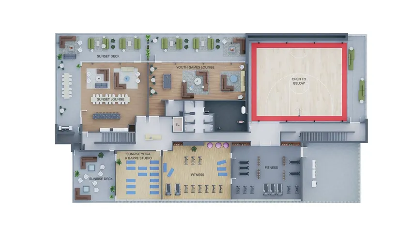 Level 1 amenities will include a half-court gymnasium with basketball courts, outdoor lap pool, hot tub and relaxing lounge areas, steam and sauna room and indoor/outdoor areas for hosting parties and events.  Community Amenity Centre coming soon.