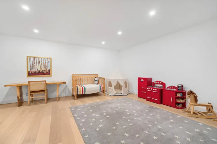 Rec room featuring light wood-type flooring and recessed lighting