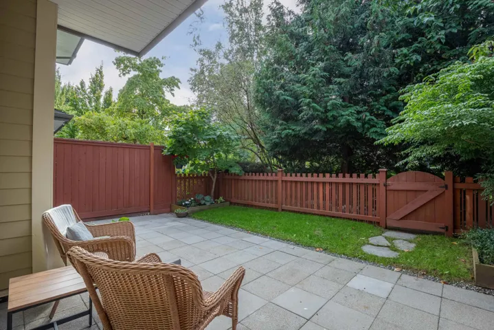 Fenced backyard with a patio and a gate