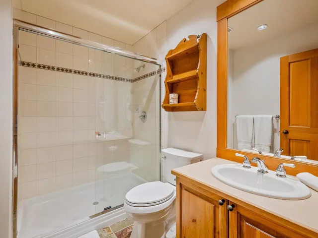 Full bathroom with vanity and a shower stall