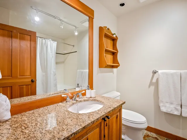 Full bath with vanity, shower / bath combo, and track lighting