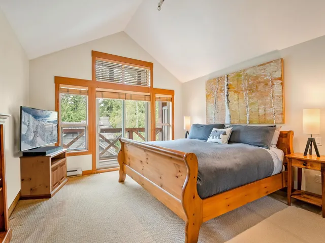 Bedroom with access to exterior, light carpet, high vaulted ceiling, and a baseboard heating unit