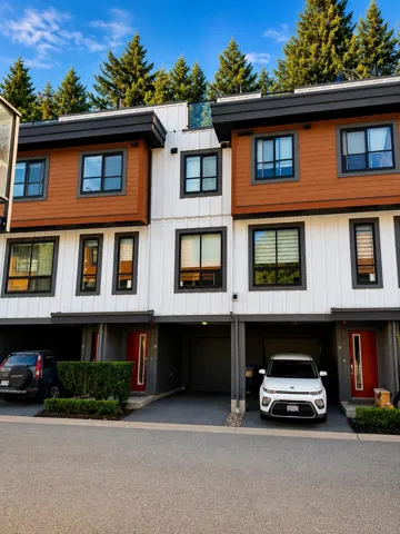 Modern exterior with crisp white vertical siding, warm brown horizontal siding, black trim, and black-framed windows