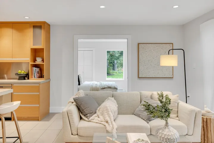 Living room featuring recessed lighting and light tile patterned floors
