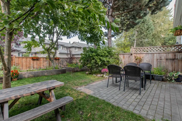 Fenced backyard with a patio